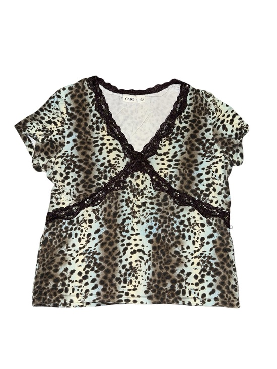 Cato Tops - Cato Leopard Print V-Neck Lace Trim Top